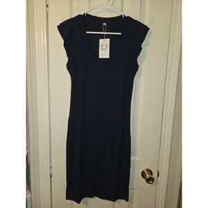 Thanks Navy Blue Ribbed V-Neck Ruffle Sleeve Sheath Midi Dress NWT Size M